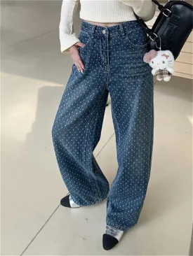 Girlary Fashion Spring New Jeans Pants Mopping Women Polka Dots 2024 Chic Wide Leg Straight Loose Daily Streetwear Denim