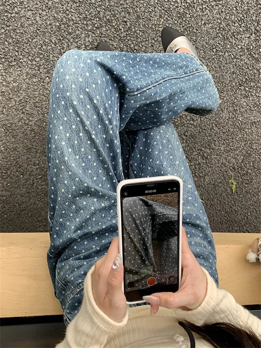 Girlary Fashion Spring New Jeans Pants Mopping Women Polka Dots 2024 Chic Wide Leg Straight Loose Daily Streetwear Denim