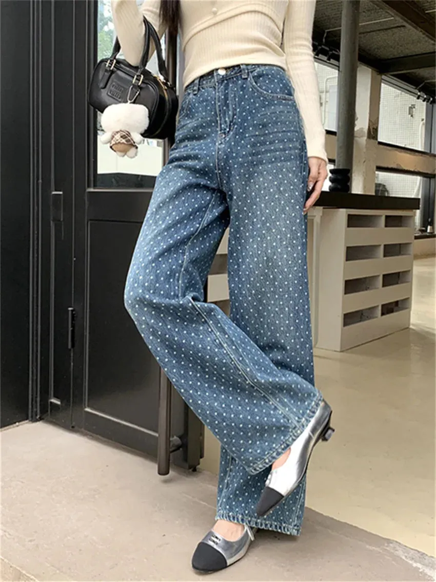 Girlary Fashion Spring New Jeans Pants Mopping Women Polka Dots 2024 Chic Wide Leg Straight Loose Daily Streetwear Denim