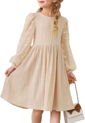 Girls Fall Long Sleeve Knit Dresses Casual Crewneck Swiss Dot A-line Dress 6-15 Years