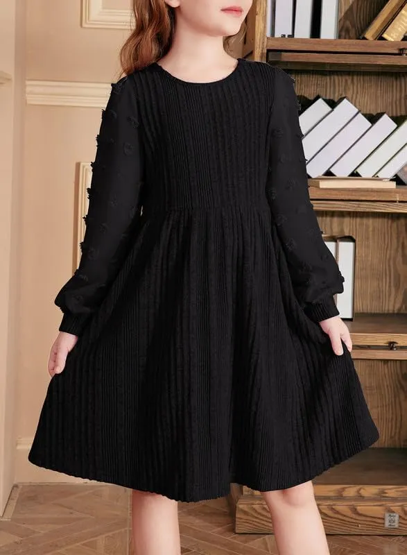Girls Fall Long Sleeve Knit Dresses Casual Crewneck Swiss Dot A-line Dress 6-15 Years