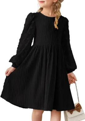 Girls Fall Long Sleeve Knit Dresses Casual Crewneck Swiss Dot A-line Dress 6-15 Years