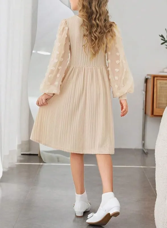 Girls Fall Long Sleeve Knit Dresses Casual Crewneck Swiss Dot A-line Dress 6-15 Years