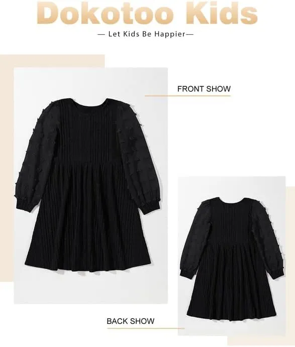 Girls Fall Long Sleeve Knit Dresses Casual Crewneck Swiss Dot A-line Dress 6-15 Years