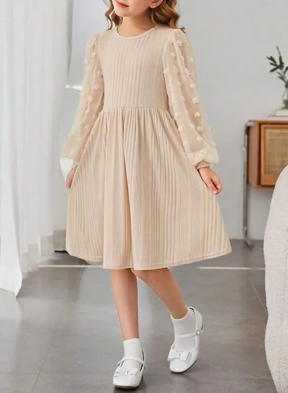 Girls Fall Long Sleeve Knit Dresses Casual Crewneck Swiss Dot A-line Dress 6-15 Years