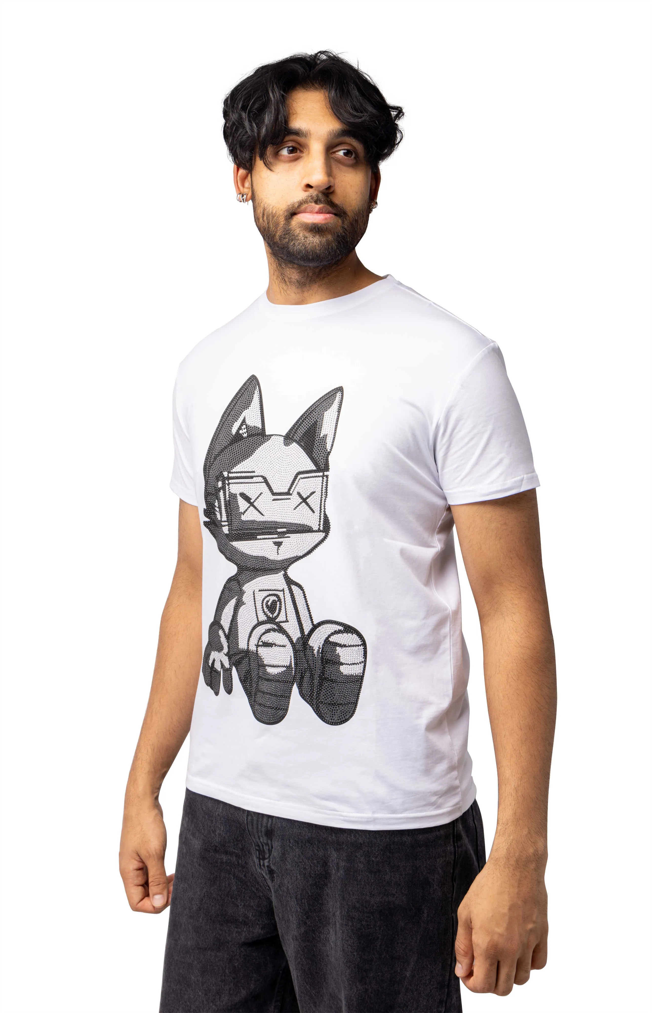 Heads or Tails Men's Slim Fit Crewneck Rhinestone Studded Graphic Printed T-Shirt Stone Tee Seated Kitten With Shades
