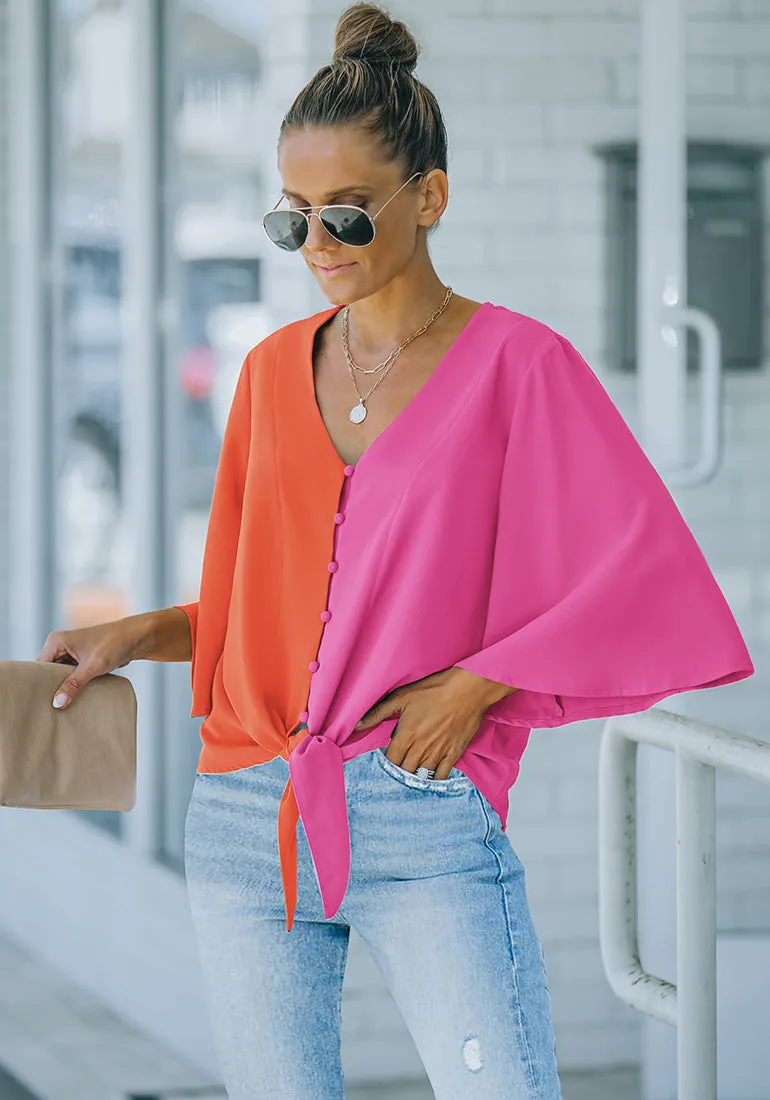 Hot Pink & Orange Women's V Neck Button Down Shirts 3/4 Bell Sleeve Tie Knot Blouse