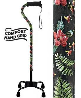Island Way Designer Convertible Quad Base Walking Cane with Comfort Grip - Adjustable Shaft