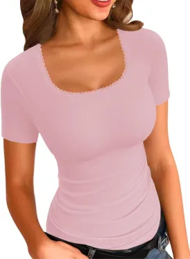 LOLONG Womens Short Sleeve Ribbed T Shirts Summer Casual Square Neck Lace Patchwork Tops