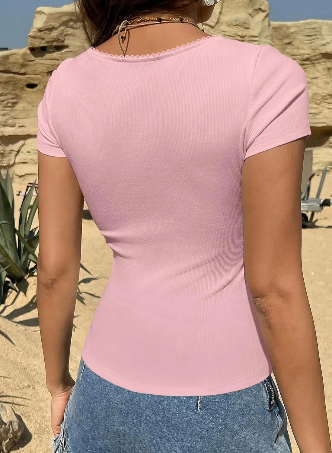 LOLONG Womens Short Sleeve Ribbed T Shirts Summer Casual Square Neck Lace Patchwork Tops
