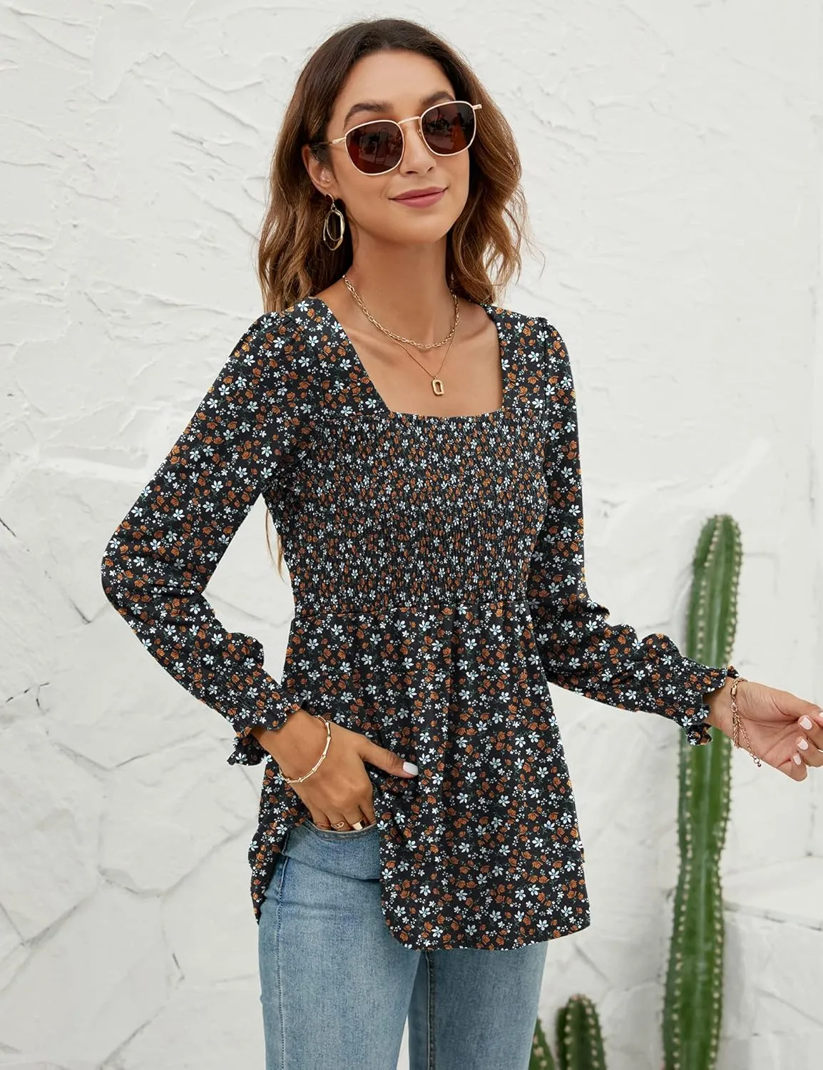 LOMON Blouses for Women Puff Long Sleeve Shirts Square Neck Casual Smocked Tunic Tops 2024 Spring Fall Winter Clothes S-XL