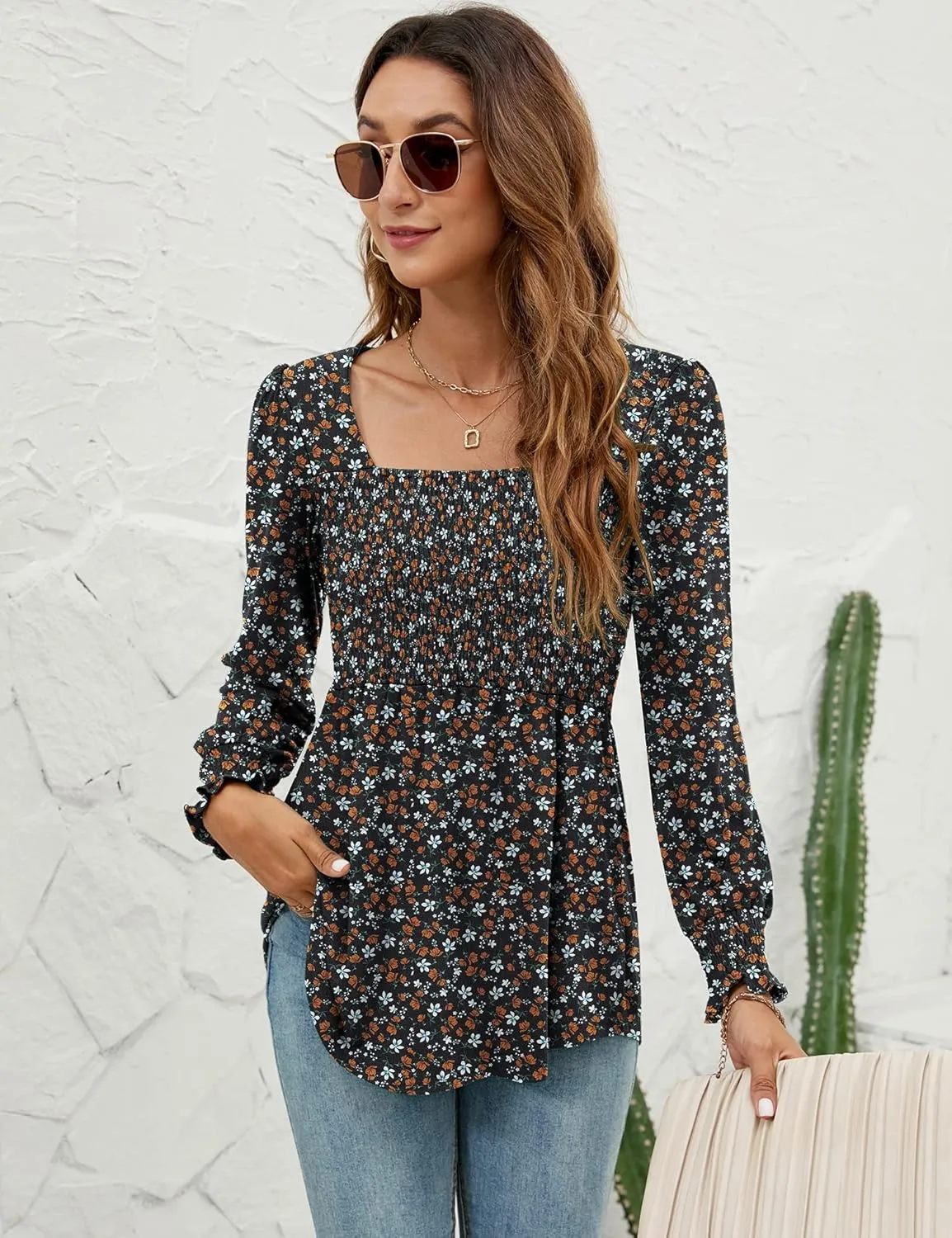 LOMON Blouses for Women Puff Long Sleeve Shirts Square Neck Casual Smocked Tunic Tops 2024 Spring Fall Winter Clothes S-XL