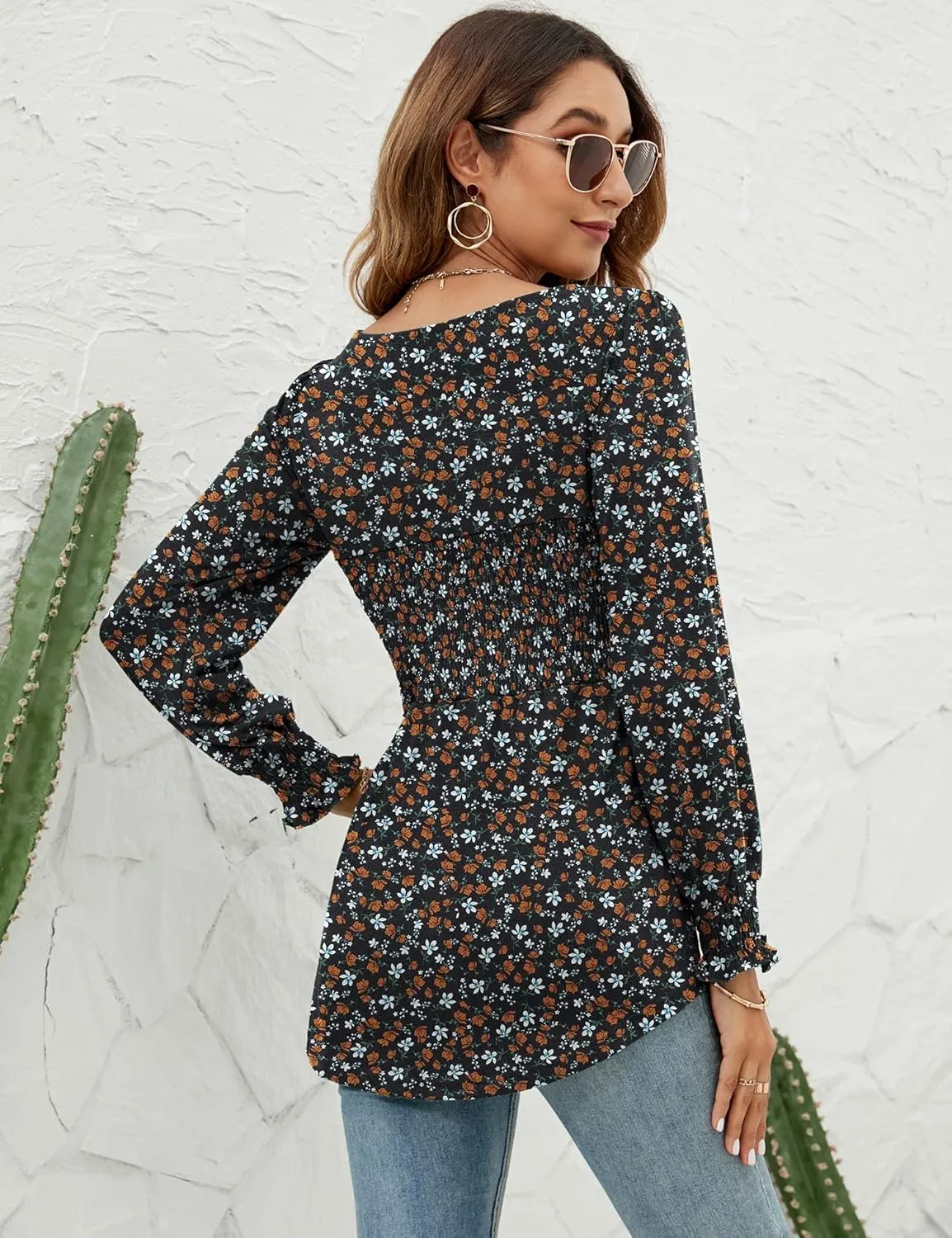 LOMON Blouses for Women Puff Long Sleeve Shirts Square Neck Casual Smocked Tunic Tops 2024 Spring Fall Winter Clothes S-XL