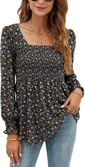 LOMON Blouses for Women Puff Long Sleeve Shirts Square Neck Casual Smocked Tunic Tops 2024 Spring Fall Winter Clothes S-XL