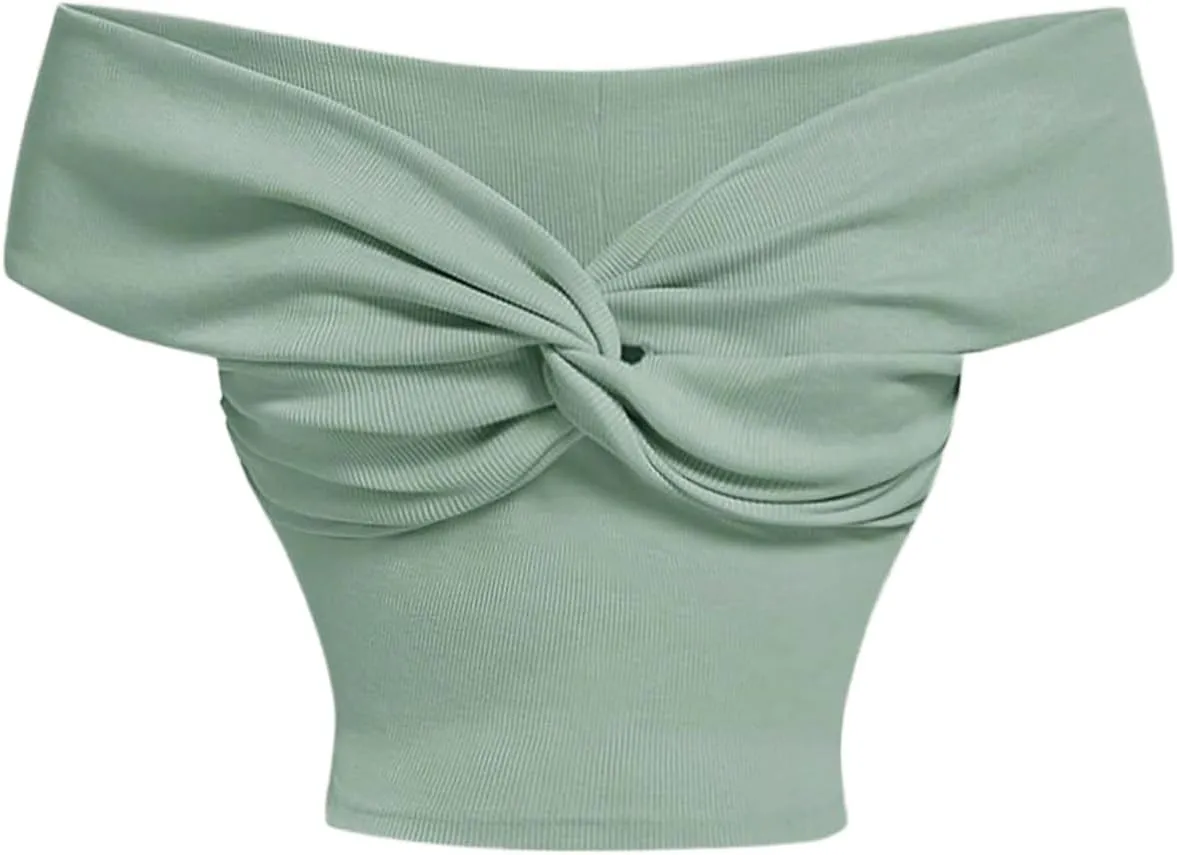 MakeMeChic Women's Off The Shoulder Tops Twist Front Going Out Tops Y2k Asymmetrical Crop Tops