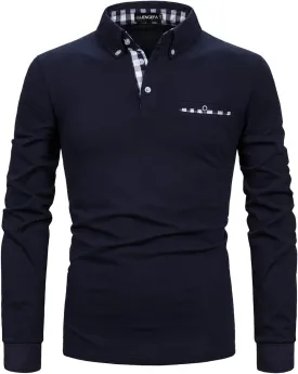 Mens Polo Shirts Long Sleeve Casual Plaid Collar Golf Shirt for Men Slim Fit Cotton Polo T Shirts Top