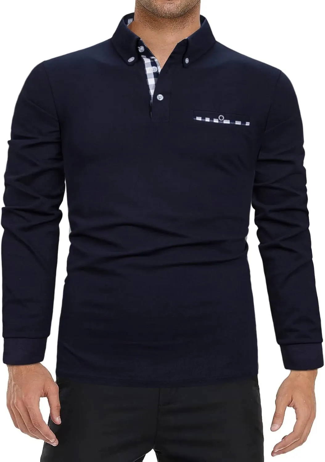 Mens Polo Shirts Long Sleeve Casual Plaid Collar Golf Shirt for Men Slim Fit Cotton Polo T Shirts Top