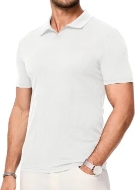 Mens Polo Shirts Short Sleeve V Neck Summer Polo T Shirts Casual Slim Fit Ribbed Textured Golf Shirts