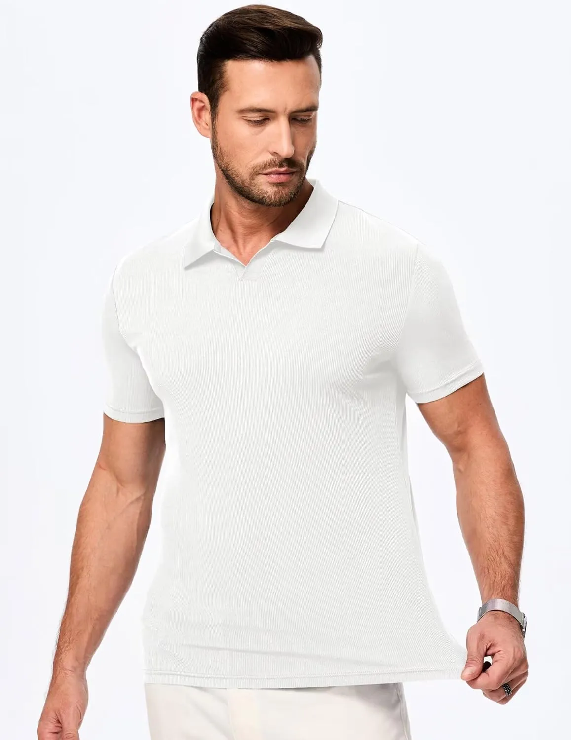 Mens Polo Shirts Short Sleeve V Neck Summer Polo T Shirts Casual Slim Fit Ribbed Textured Golf Shirts