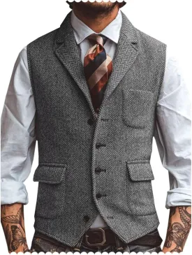 Men's Suit Vest Lapel Herringbone Tweed Business Formal Dress Waistcoat