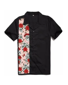 Mens Vintage Style Bowling Dress Shirt - Skulls & Roses Pink