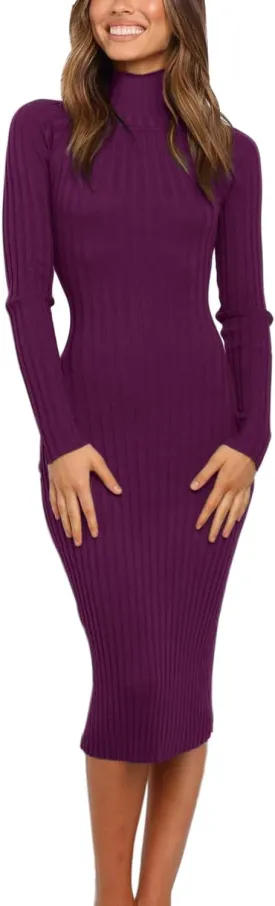 MEROKEETY Women's 2025 Ribbed Long Sleeve Sweater Dress High Neck Slim Fit Knitted Midi Dress