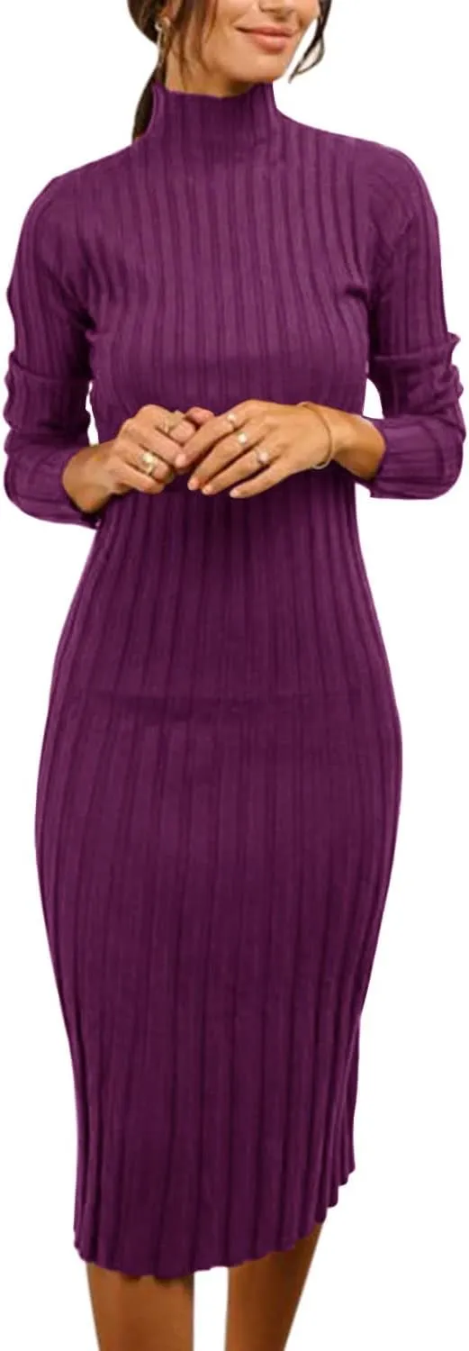 MEROKEETY Women's 2025 Ribbed Long Sleeve Sweater Dress High Neck Slim Fit Knitted Midi Dress