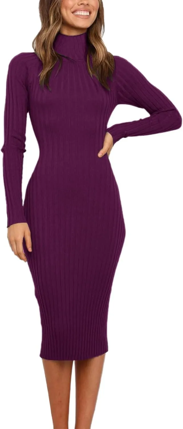 MEROKEETY Women's 2025 Ribbed Long Sleeve Sweater Dress High Neck Slim Fit Knitted Midi Dress