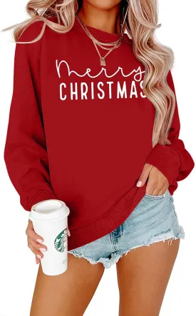 Merry Christmas Sweatshirts Women Classic Merry Letter Print Sweatshirts Xmas Holiday Party Pullover Blouse