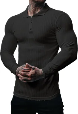 Muscle Cmdr Men's Cotton Muscle Shirts Slim Fit Business Casual Tee Long&Short Sleeve Ribbed Polo V Neck Shirt