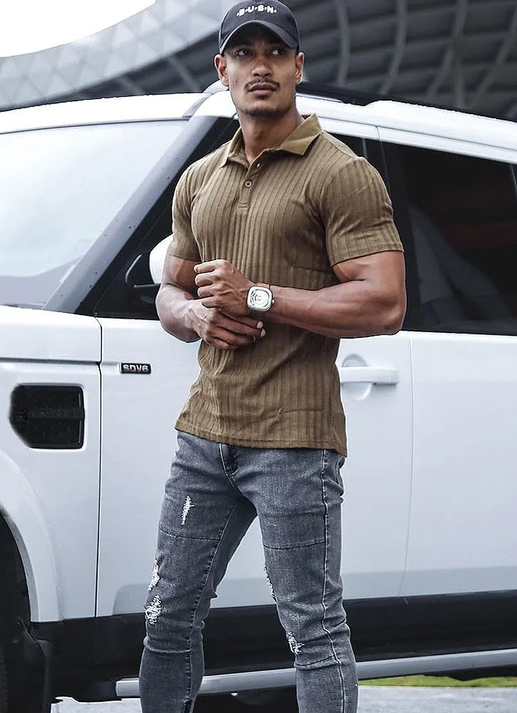 Muscle Cmdr Men's Cotton Muscle Shirts Slim Fit Business Casual Tee Long&Short Sleeve Ribbed Polo V Neck Shirt