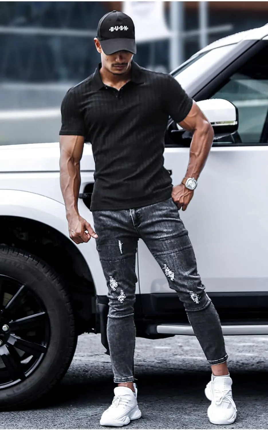 Muscle Cmdr Men's Cotton Muscle Shirts Slim Fit Business Casual Tee Long&Short Sleeve Ribbed Polo V Neck Shirt