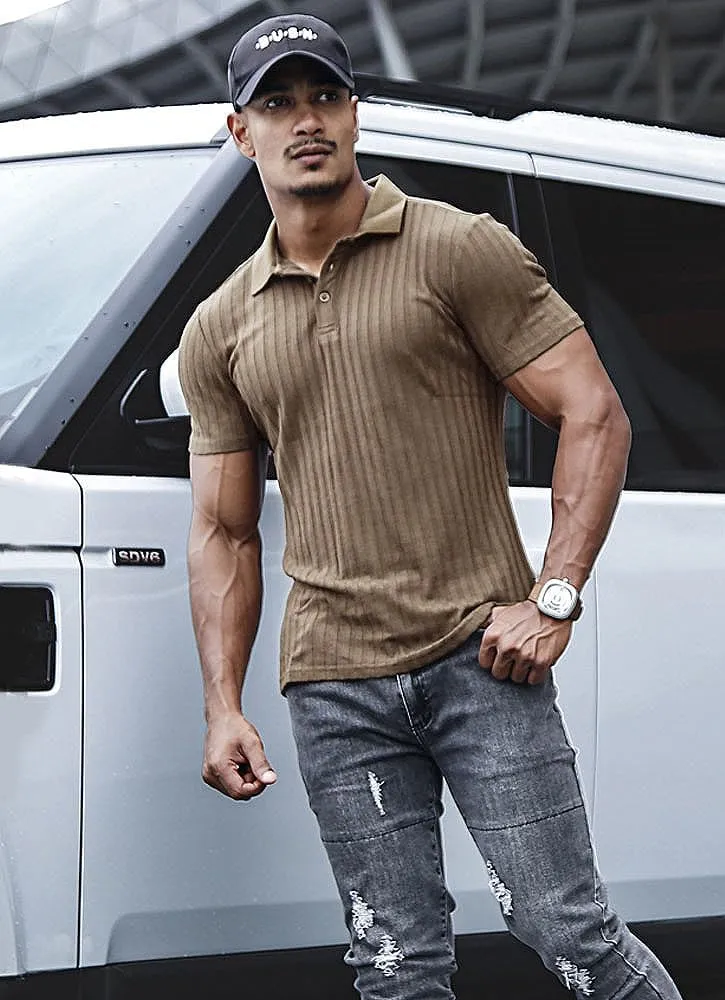 Muscle Cmdr Men's Cotton Muscle Shirts Slim Fit Business Casual Tee Long&Short Sleeve Ribbed Polo V Neck Shirt