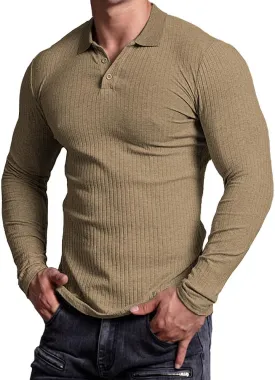 Muscle Cmdr Men's Cotton Muscle Shirts Slim Fit Business Casual Tee Long&Short Sleeve Ribbed Polo V Neck Shirt