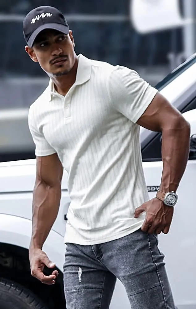 Muscle Cmdr Men's Cotton Muscle Shirts Slim Fit Business Casual Tee Long&Short Sleeve Ribbed Polo V Neck Shirt