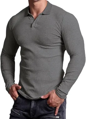 Muscle Cmdr Men's Cotton Muscle Shirts Slim Fit Business Casual Tee Long&Short Sleeve Ribbed Polo V Neck Shirt