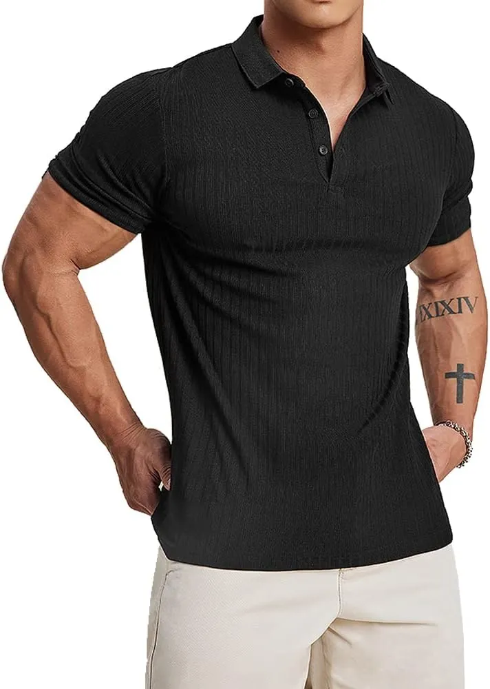 Muscle Cmdr Men's Cotton Muscle Shirts Slim Fit Business Casual Tee Long&Short Sleeve Ribbed Polo V Neck Shirt