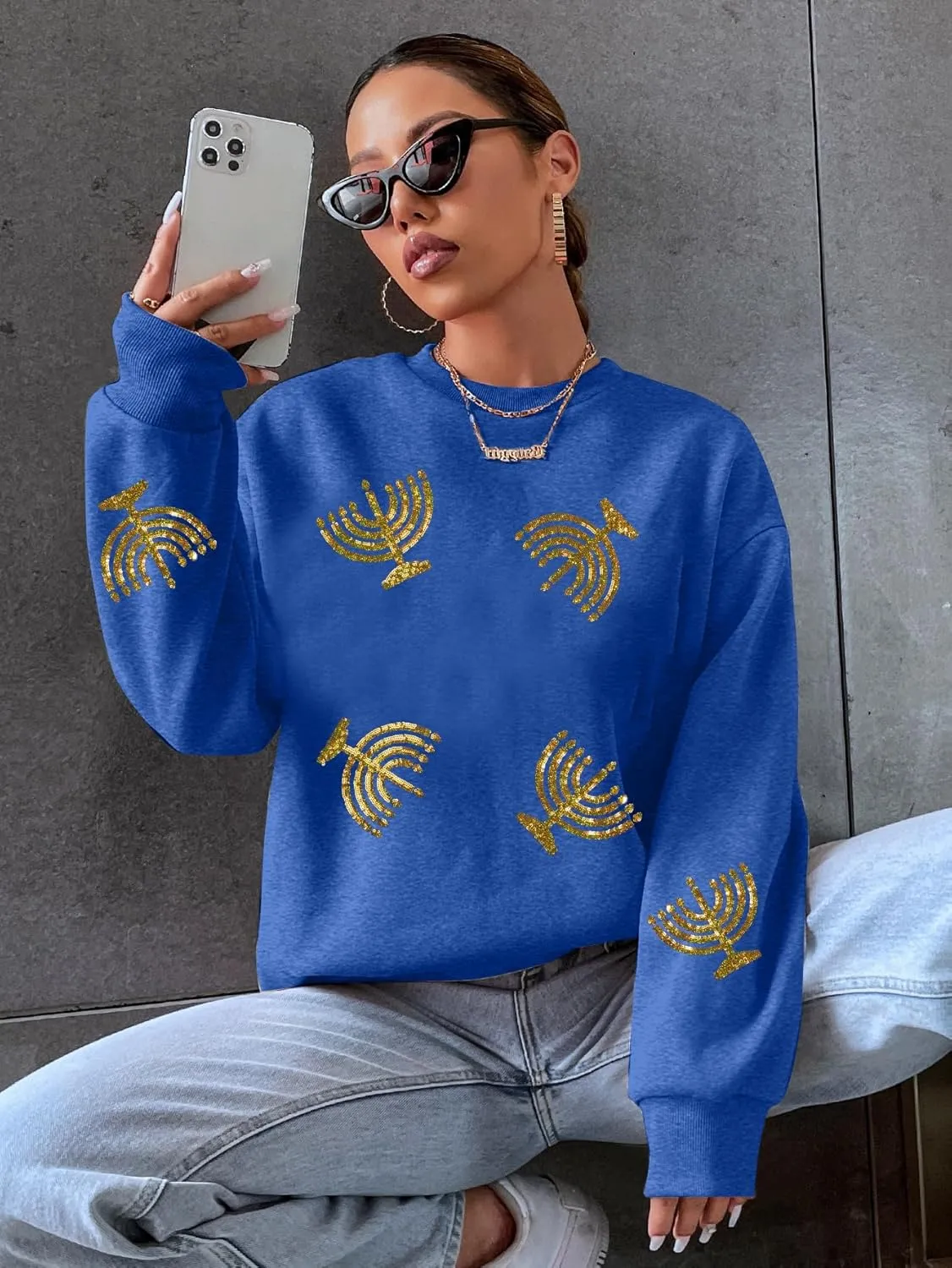 MYHALF Hanukkah Sweatshirt Women Ugly Hanukkah Sweater Sequins Menorahs Graphic Crewneck Pullover Shirt