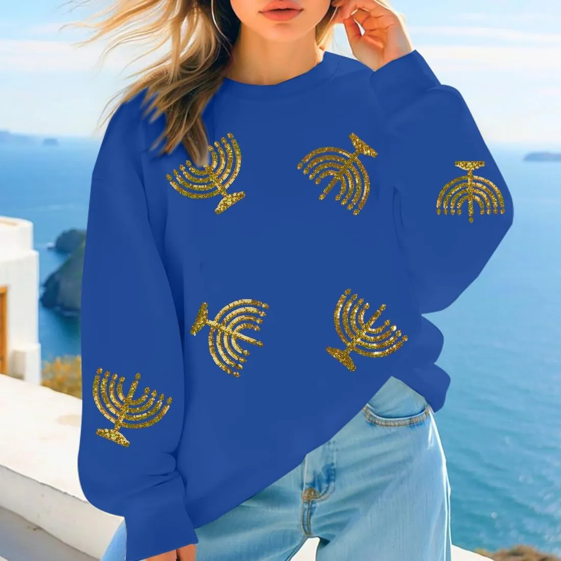 MYHALF Hanukkah Sweatshirt Women Ugly Hanukkah Sweater Sequins Menorahs Graphic Crewneck Pullover Shirt