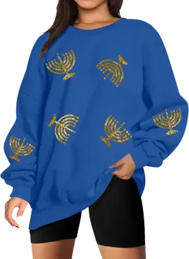 MYHALF Hanukkah Sweatshirt Women Ugly Hanukkah Sweater Sequins Menorahs Graphic Crewneck Pullover Shirt
