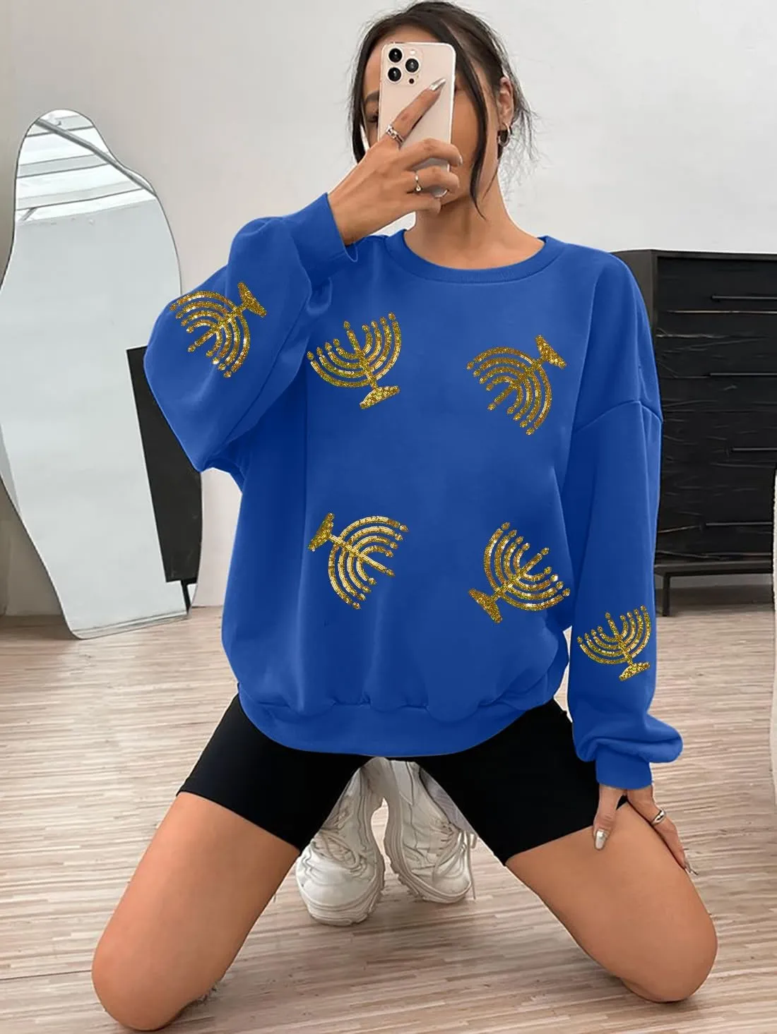 MYHALF Hanukkah Sweatshirt Women Ugly Hanukkah Sweater Sequins Menorahs Graphic Crewneck Pullover Shirt
