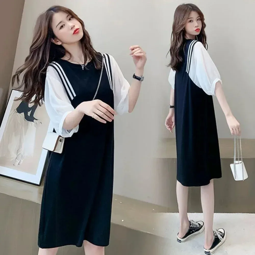 New Pregnant Women Clothes Set for Summer Short Sleeve Cotto Top Strap Chiffon Dress Twinset Loose Maternity Dress Suits
