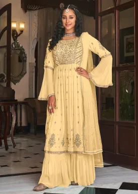 Pastel Yellow Festive Mirror Embroidered Palazzo Salwar Suit