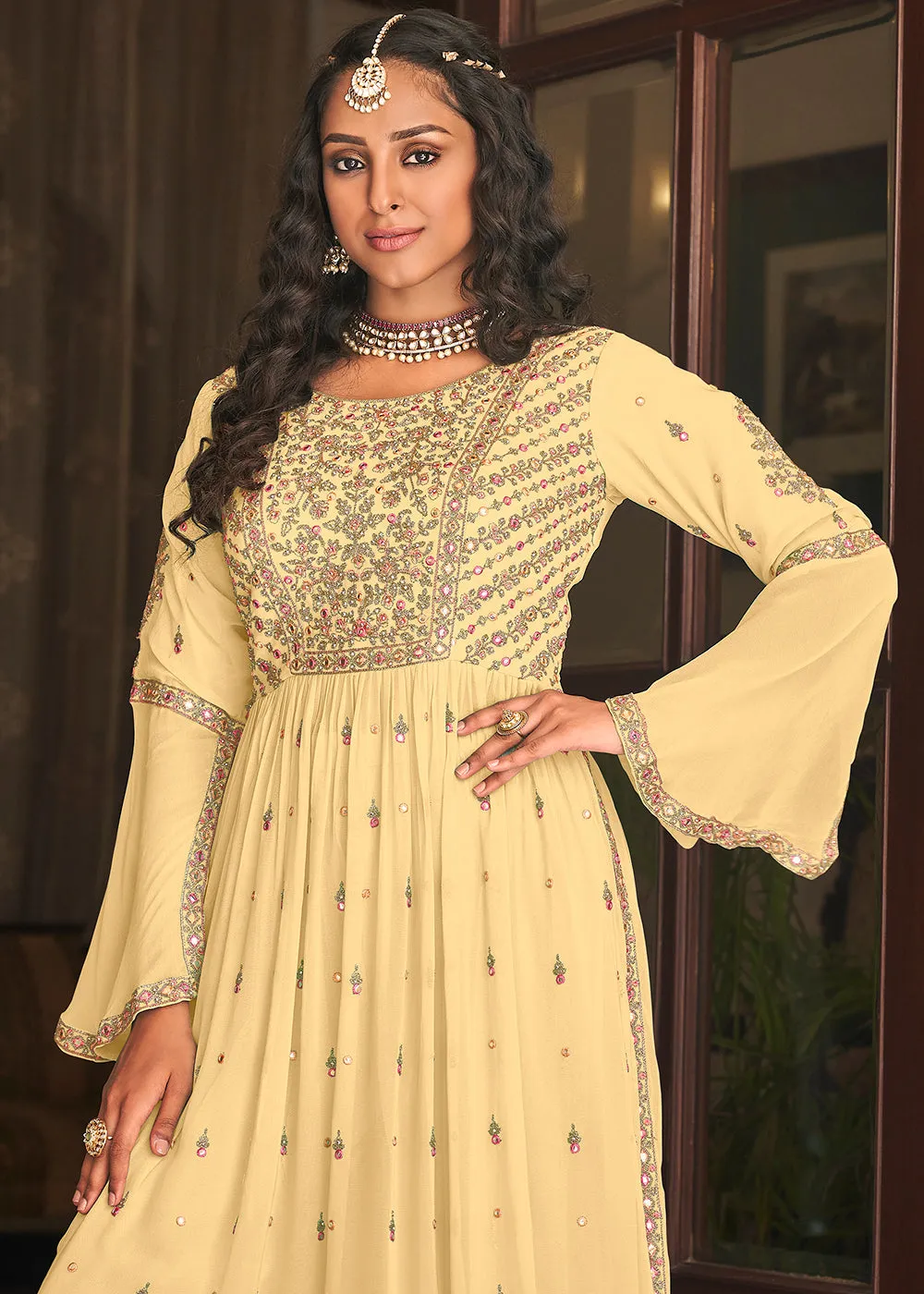 Pastel Yellow Festive Mirror Embroidered Palazzo Salwar Suit