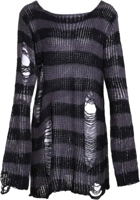 Peaceglad Womens Oversized Goth Punk Ripped Striped Long Sleeve Pullover Sweater Dress Tops