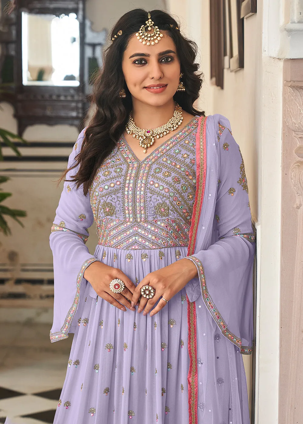 Pretty Lilac Festive Mirror Embroidered Palazzo Salwar Suit