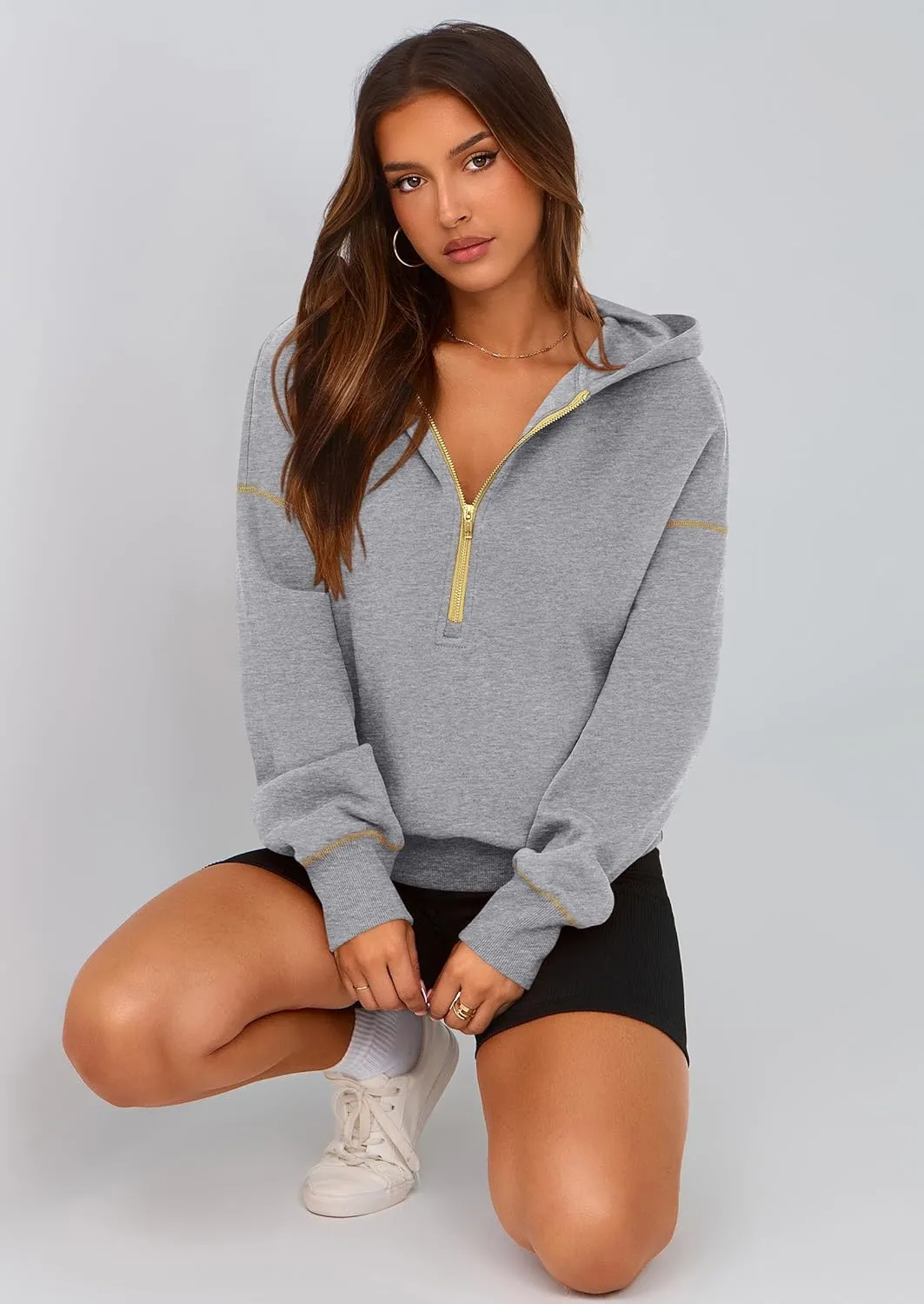 PRETTYGARDEN Women's Hooded Sweatshirts Long Sleeve Half Zip Cropped Hoodie Pullover Winter Fashion Clothes