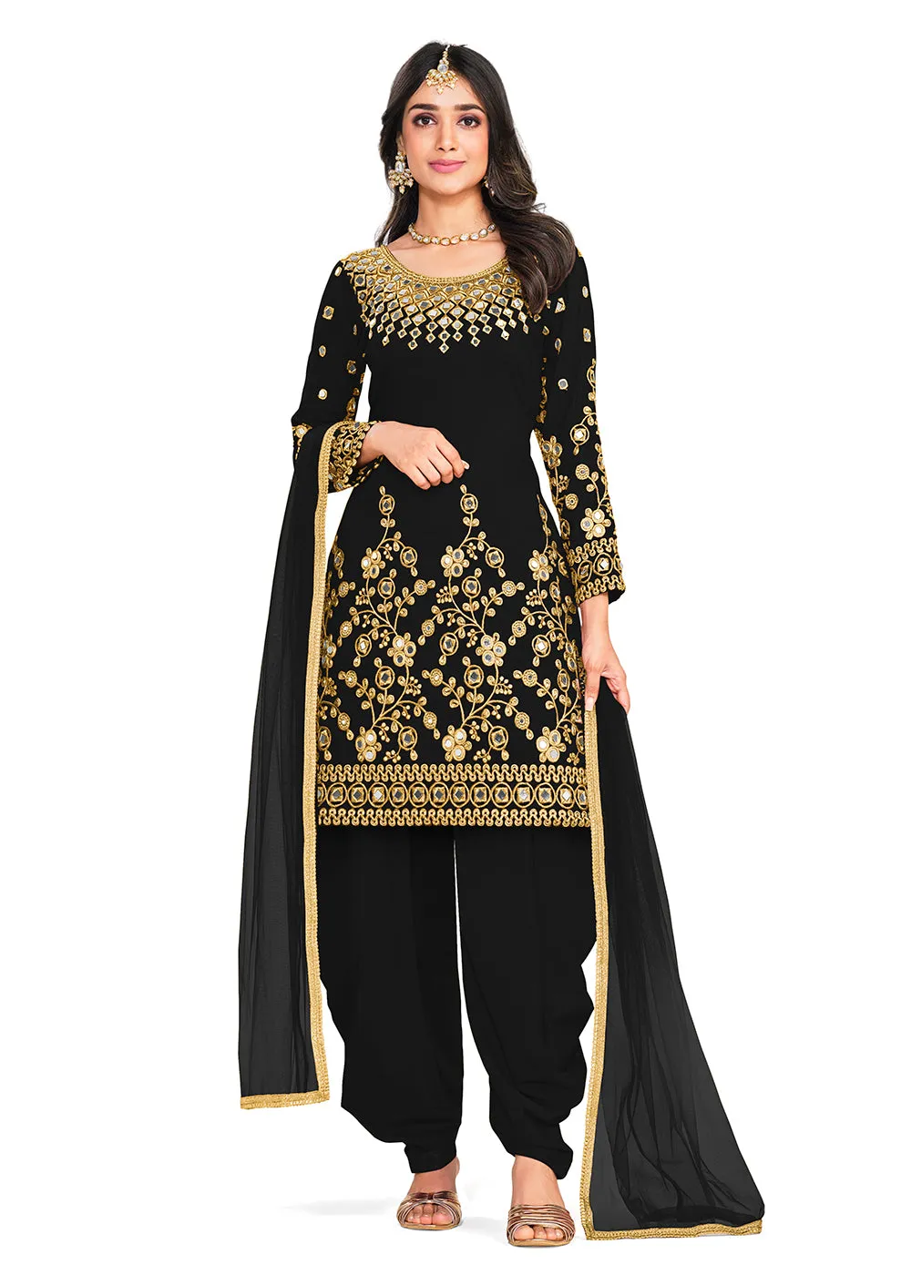 Punjabi Style Black Silk Mirror Work Patiala Suit