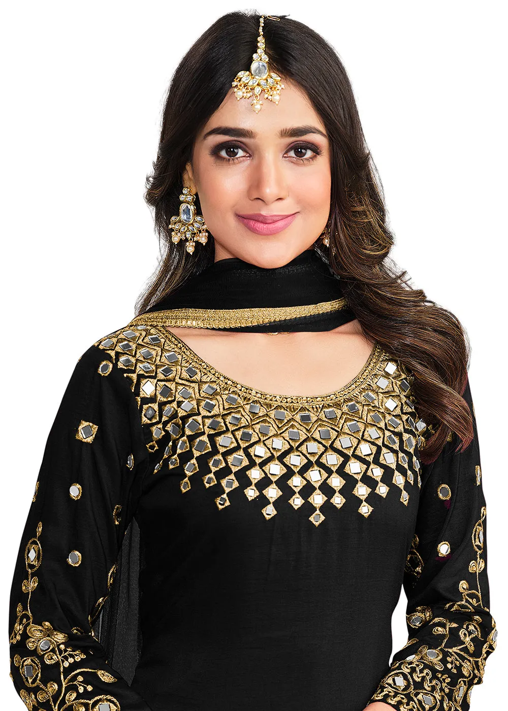 Punjabi Style Black Silk Mirror Work Patiala Suit