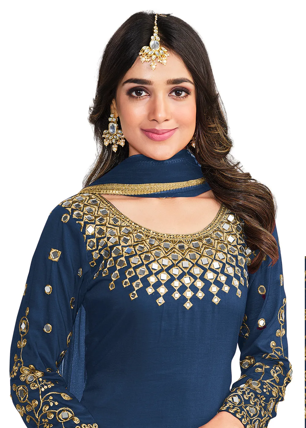 Punjabi Style Blue Silk Mirror Work Patiala Suit